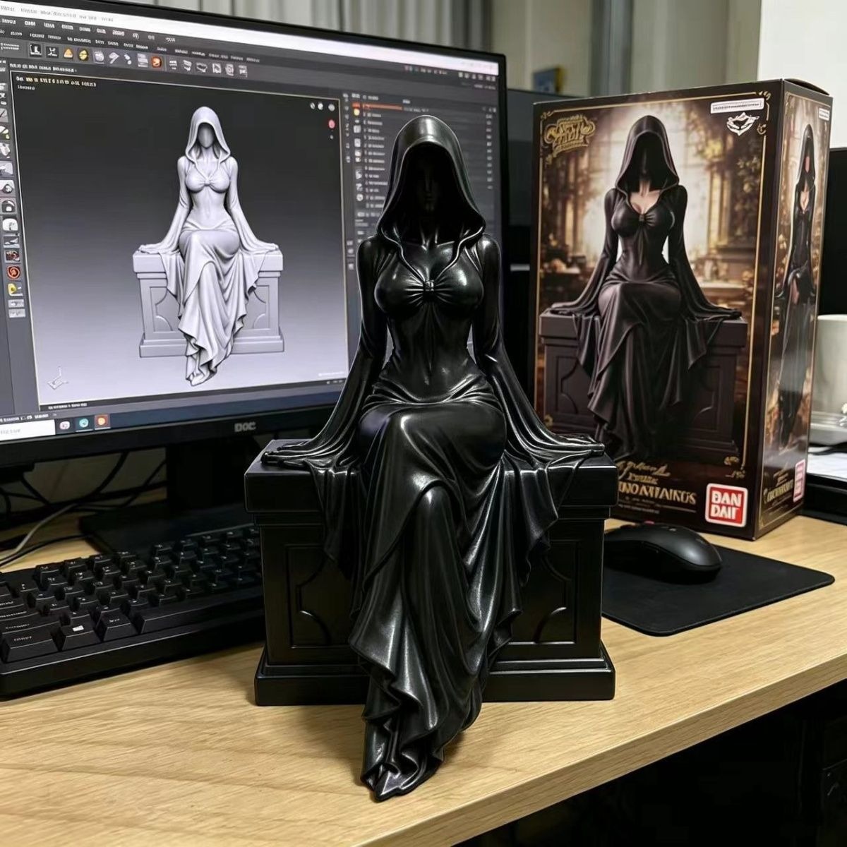 3D Printing Ghosting - 3Dプリント彫刻 ハロウィン 黒衣の幽霊女王像 顔のないフード付き死神像 玉座に座る暗黒女王像