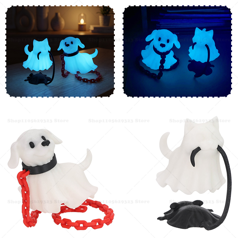 3D Printing Ghosting - 3Dプリントの暗闇で光る幽霊フィギュア、犬と同行する幽霊、幽霊猫犬発光ナイトライト、デスクトップ雰囲気HW装飾ギフト
