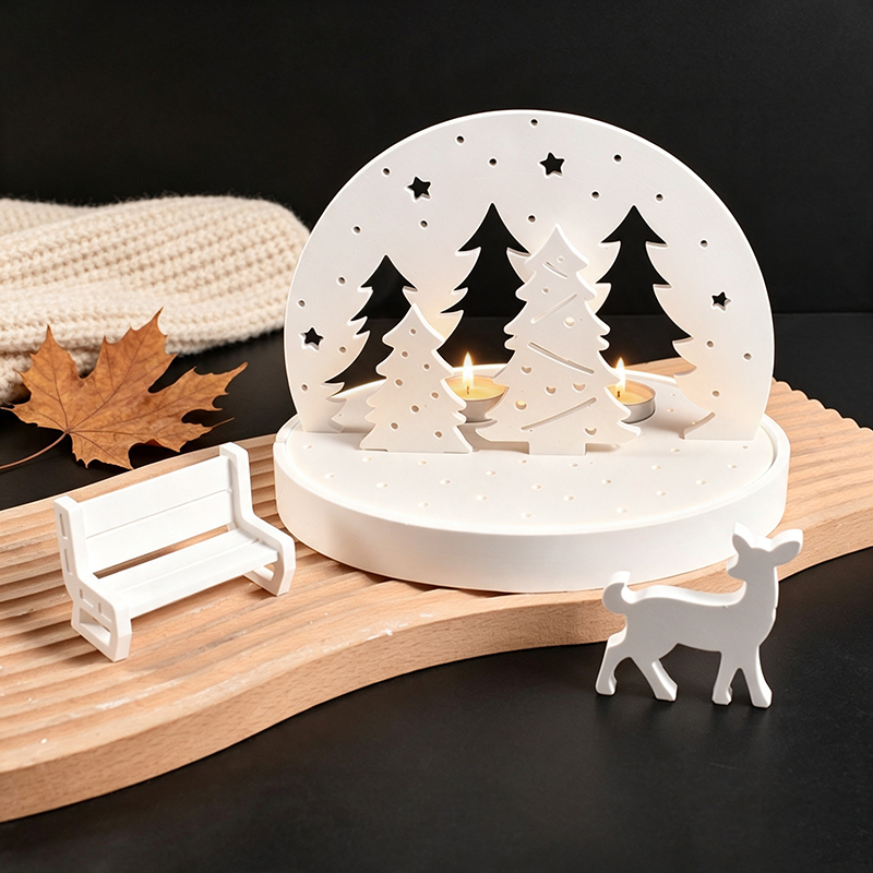 3D Printing Model Free - クリスマスエルクティーライトキャンドルホルダーシリコンモールド、3Dレジンプラスタートレイモールドキット、DIY冬景色ランプベースクラフトツールセット